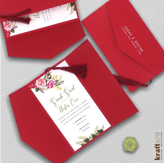Classic roses themed wedding invitations with tassel- red and white colour 