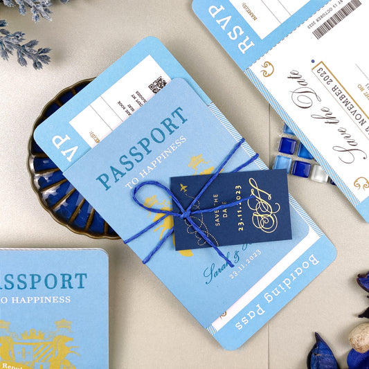 Cerulean blue luxury gold foiled passport wedding invitation