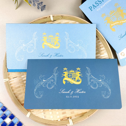 Cerulean blue passport wedding invitations with jacket