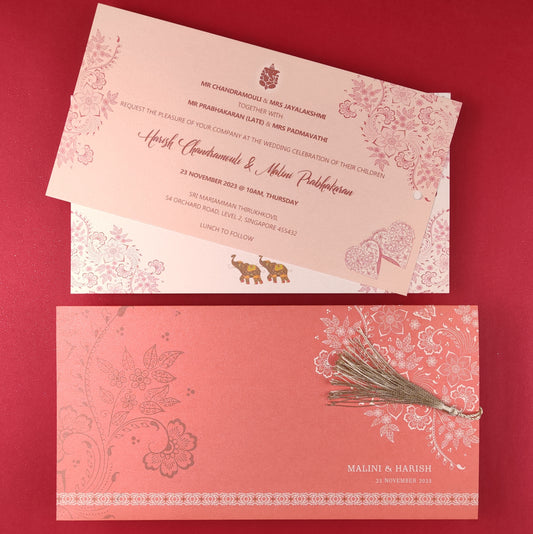 Elegant Floral Themed Indian Wedding Invitation Cards (multifaith) in Coral Peach - IN2103