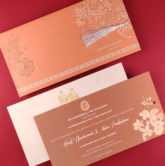 Elegant Floral Themed Indian Wedding Invitation Cards (multifaith) in Cantaloupe Orange - IN2105