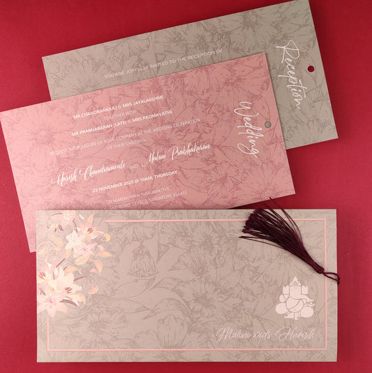 Classic Floral Indian Wedding Invitation Cards (Hindu) in Light Lichen - Blush Red Colour Combination - IN2107