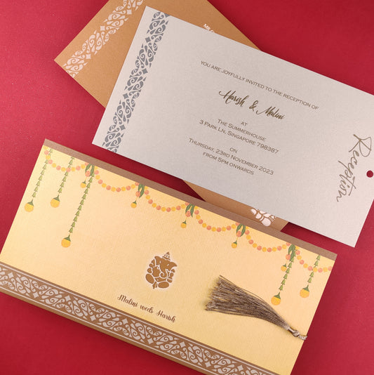 Classic Floral Deco Indian Wedding Invitation Cards (Hindu) in Parmesan Cream and Golden Brown Combination - IN2106