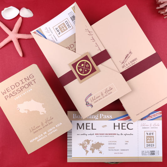 Champaign Colour Costa Rica Destination Wedding Passport Invitations with Belly Bands and Foil Print
