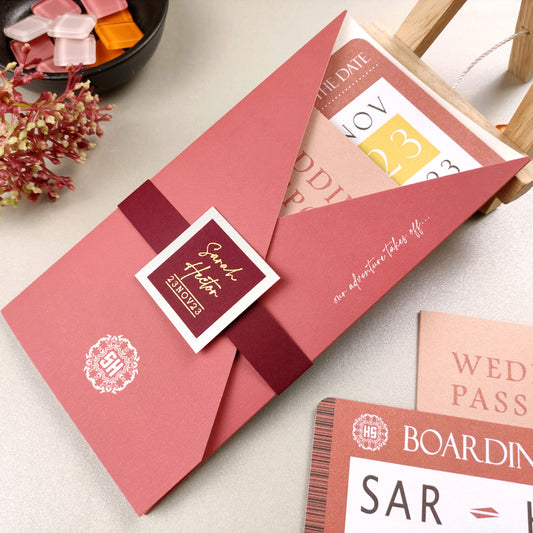Luxury Begonia passport Wedding Cards with foil printing 