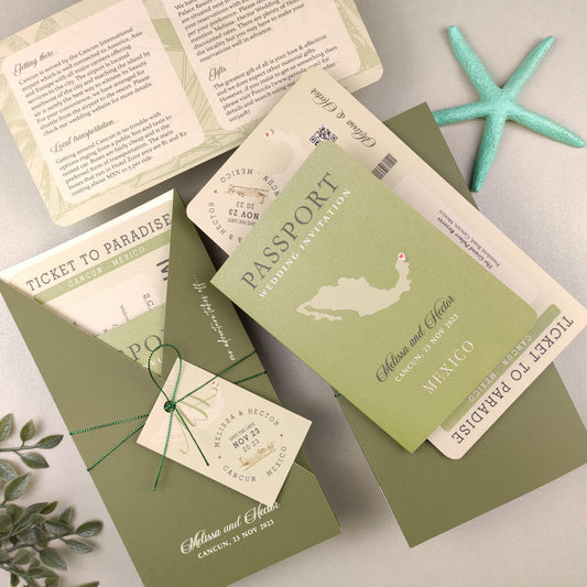 Olive green destination wedding passport invitations Cancun 