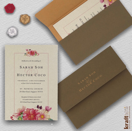 Pink-peach-floral-themed-wedding-cards-with matching envelopes-silver grey