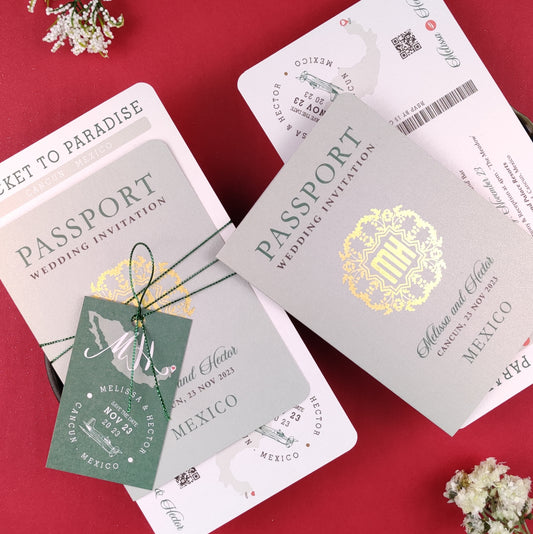Silver sage green destination wedding passport invitations