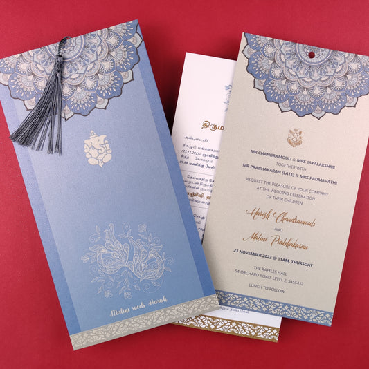 Stunning Zenith Blue Indian wedding invitations with mandala