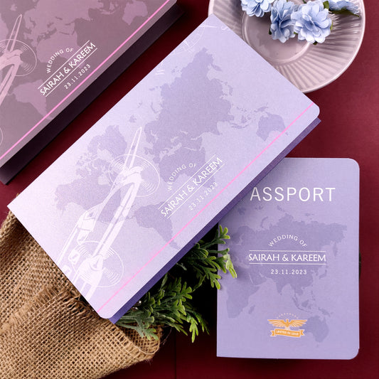 Luxury passport wedding cards purple lavender