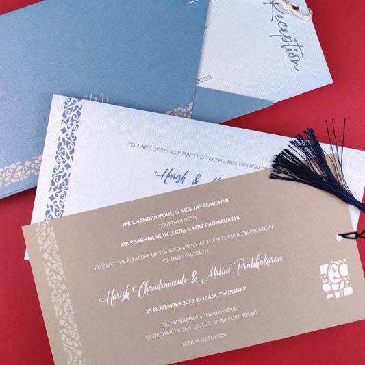 Classic Floral Indian wedding cards in blue and silver