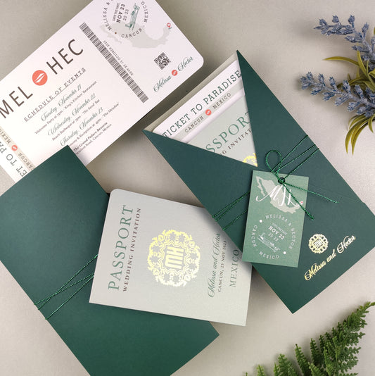 Luxury Silver Sage & Sacramento Green Destination Wedding Passport Invitation Cards with Boarding Pass, Jacket and Tag with Ribbon and Gold Foil Print