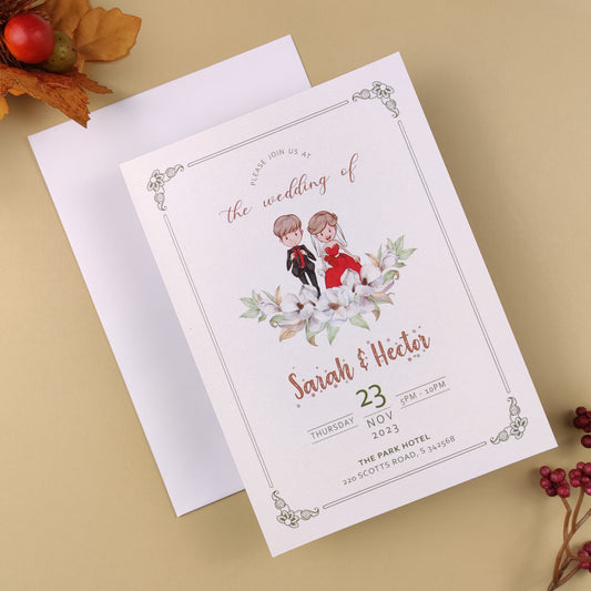 Caricature wedding invitations in red and white