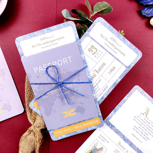 wedding passport invitations lavender purple boarding pass